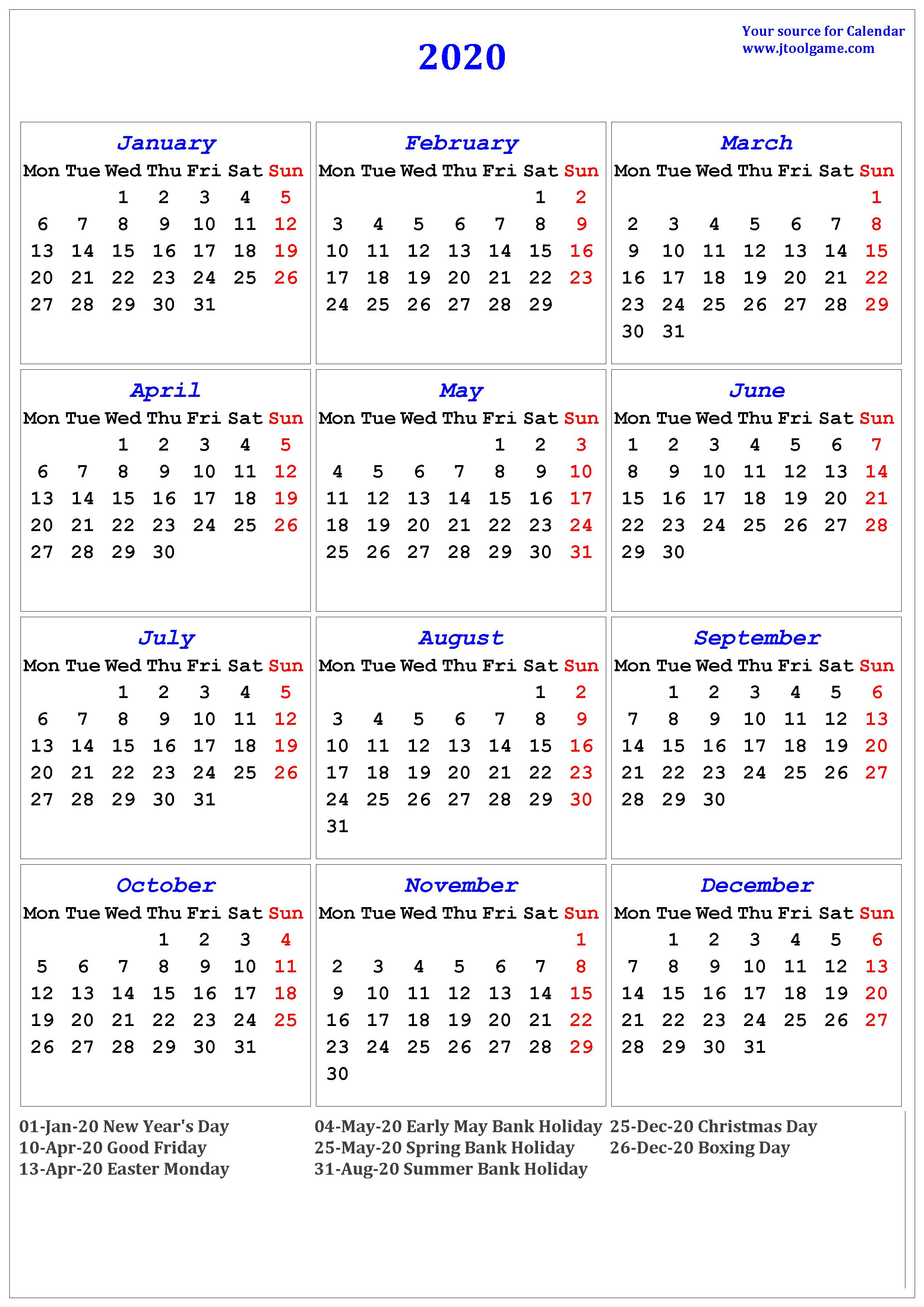 2020 Calendar - Printable Calendar. 2020 Calendar In