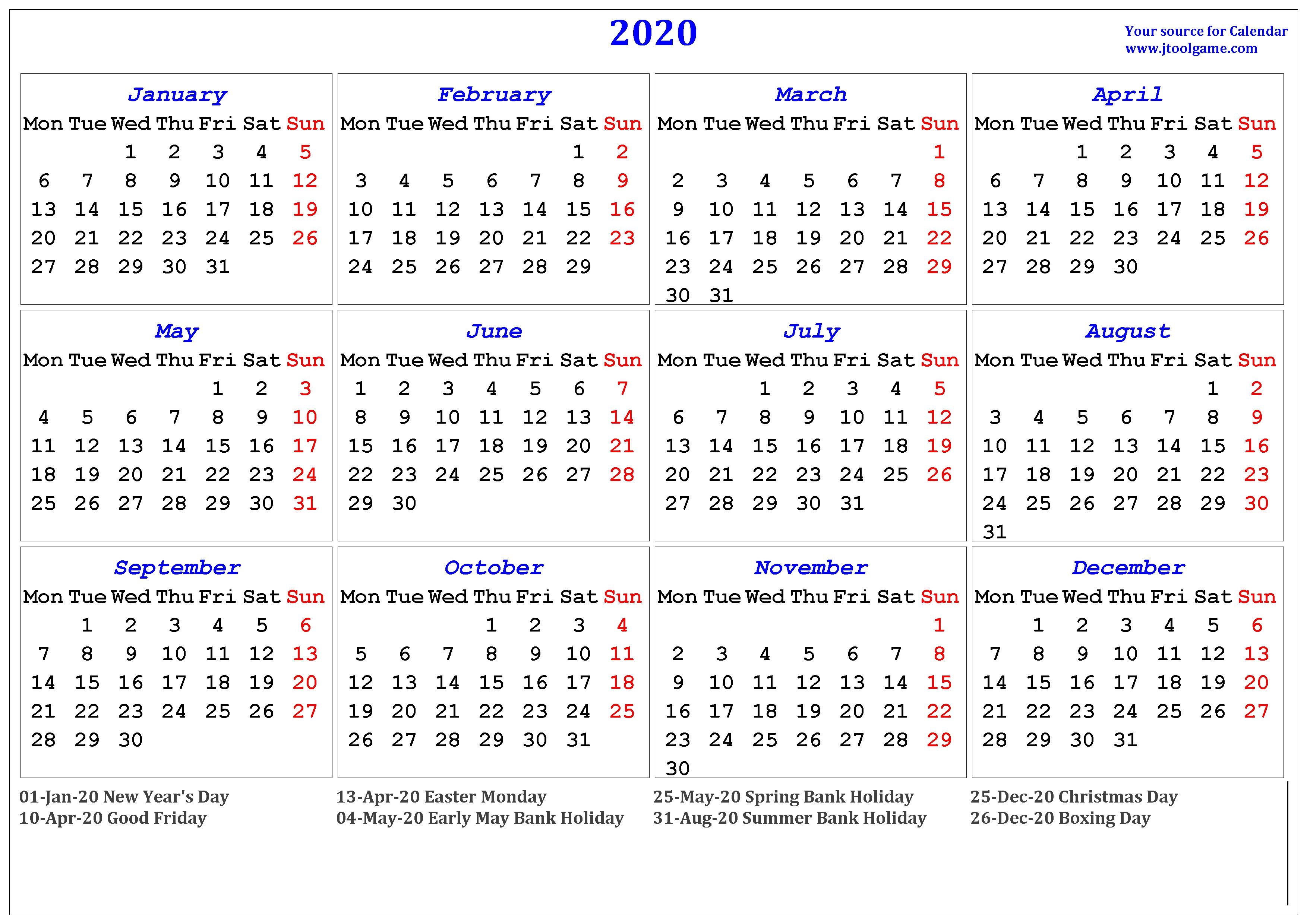 2020 Calendar - Printable Calendar. 2020 Calendar In