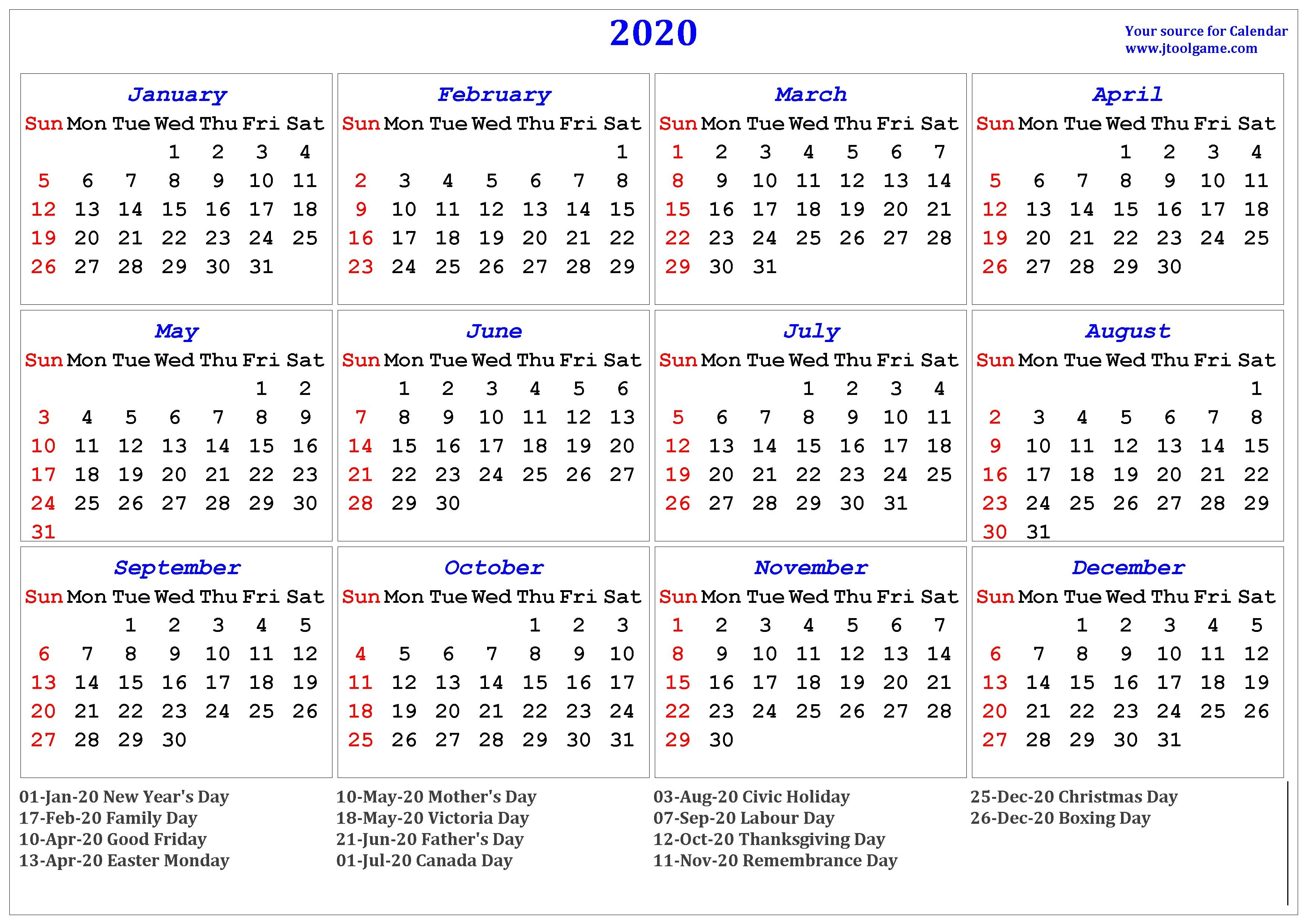 2020 Calendar – Printable Calendar. 2020 Calendar In