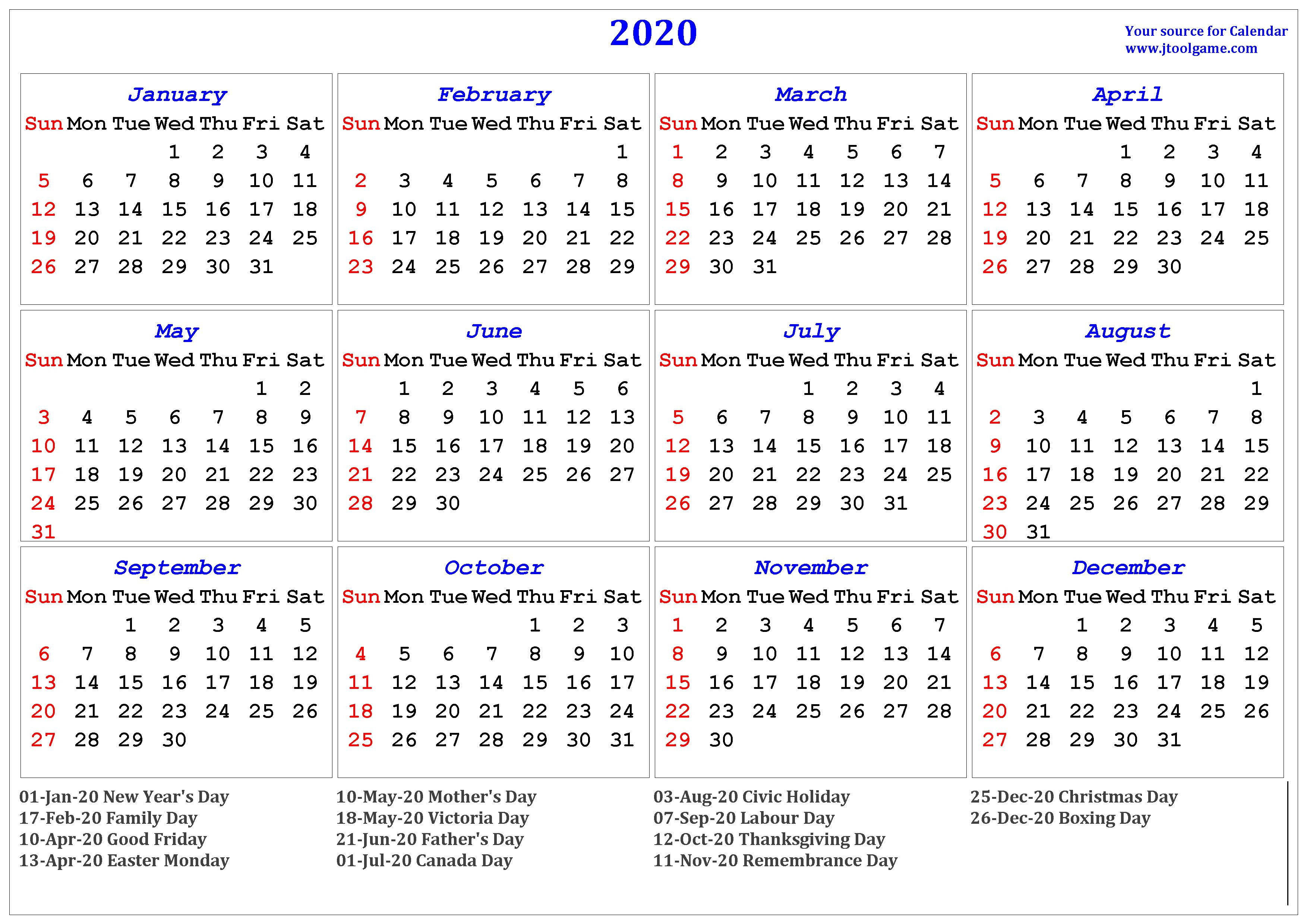 2020 List Of Holidays Printable | Example Calendar Printable