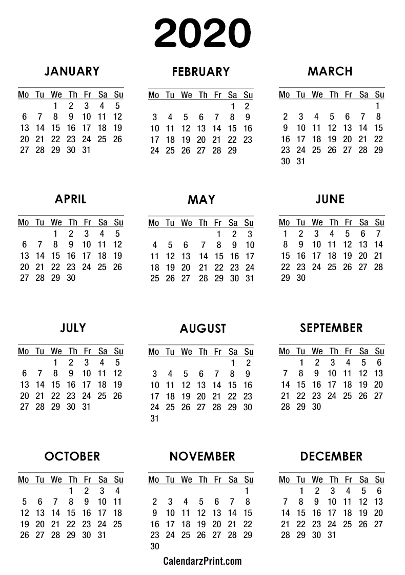 2020 Calendar – Printable Free – White – Monday Start