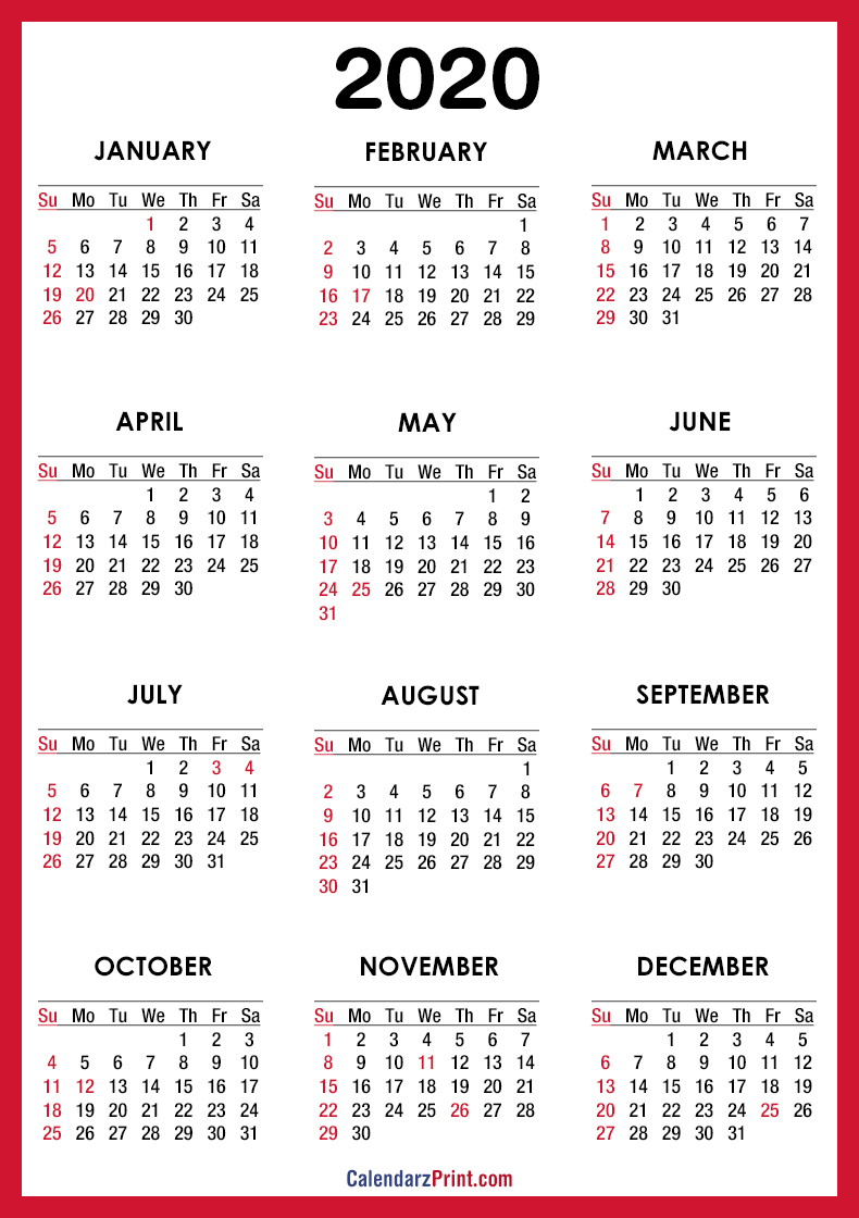 2020 Calendar Printable Free With Usa Holidays – Red