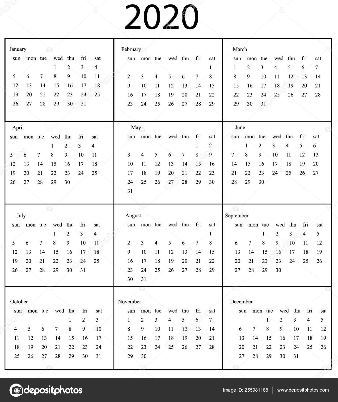 2020 Calendar Template. Starts Sunday — Векторное