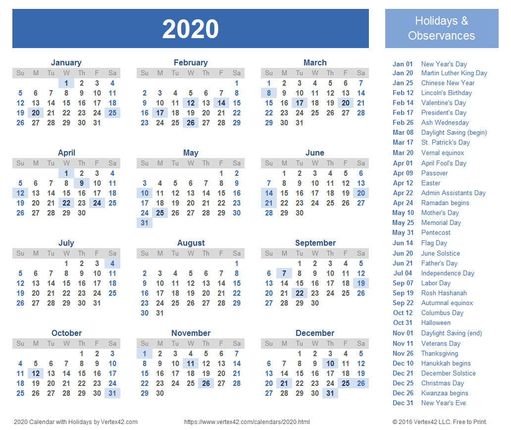 2020 Calendar Templates And Images