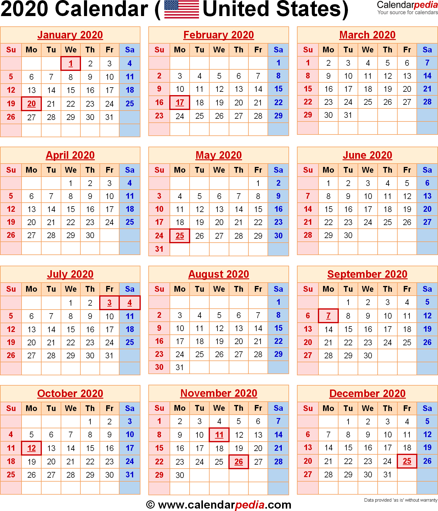 2020 Calendar With Federal Holidays &amp; Excel/pdf/word Templates