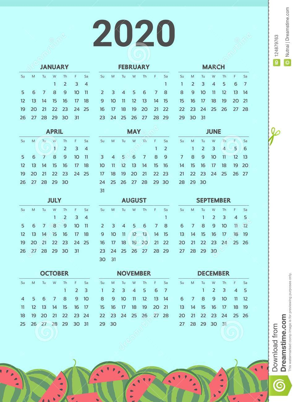 2020 Calendar With Watermelon Theme - Vector Stock Vector