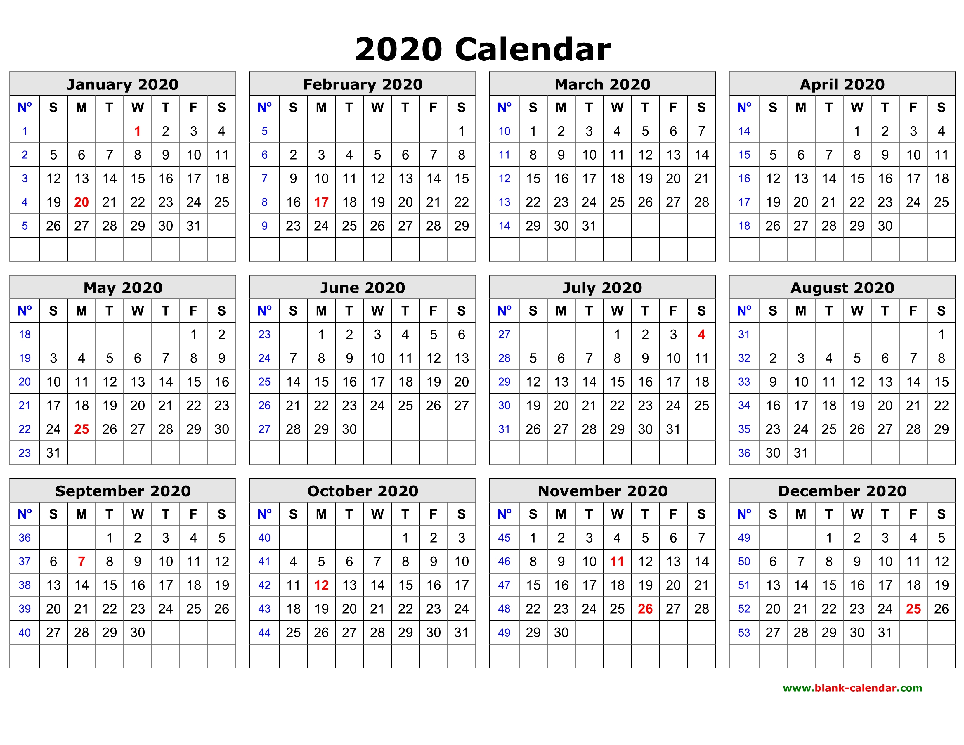 2020 Calendar Year Printable | Isacl