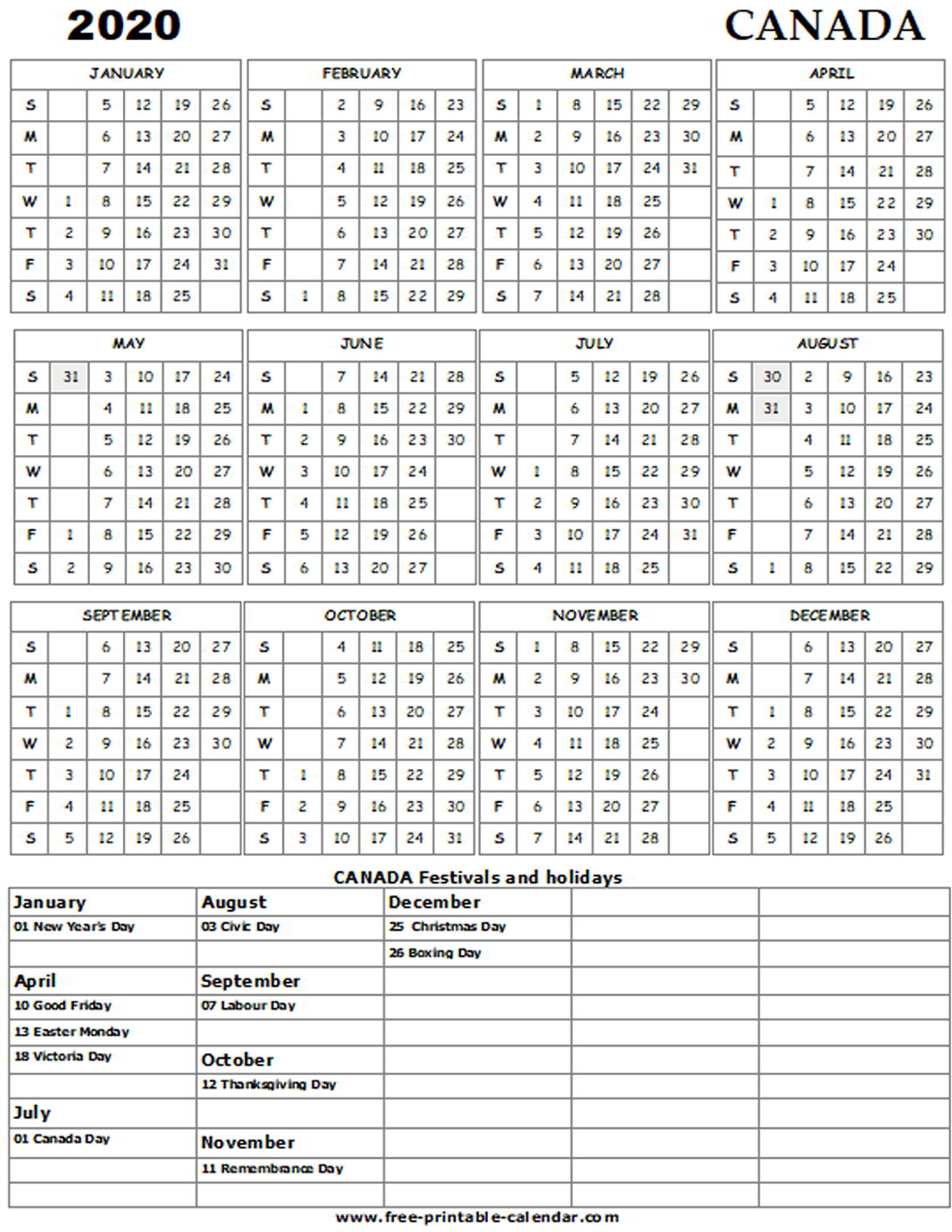 2020 Printable Calendar Canada | Example Calendar Printable