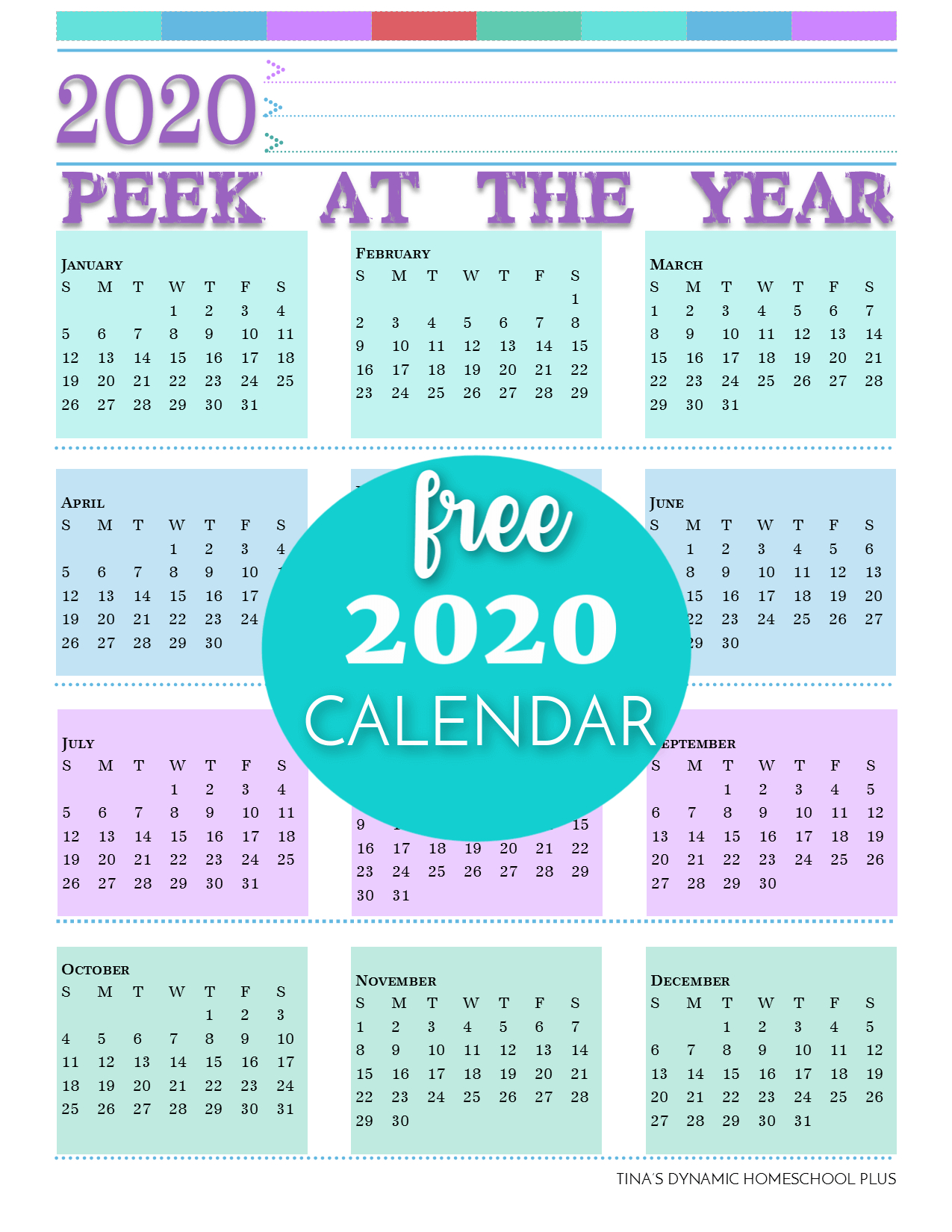2020 Free Calendar (Add To Your Printable Homeschool Planner