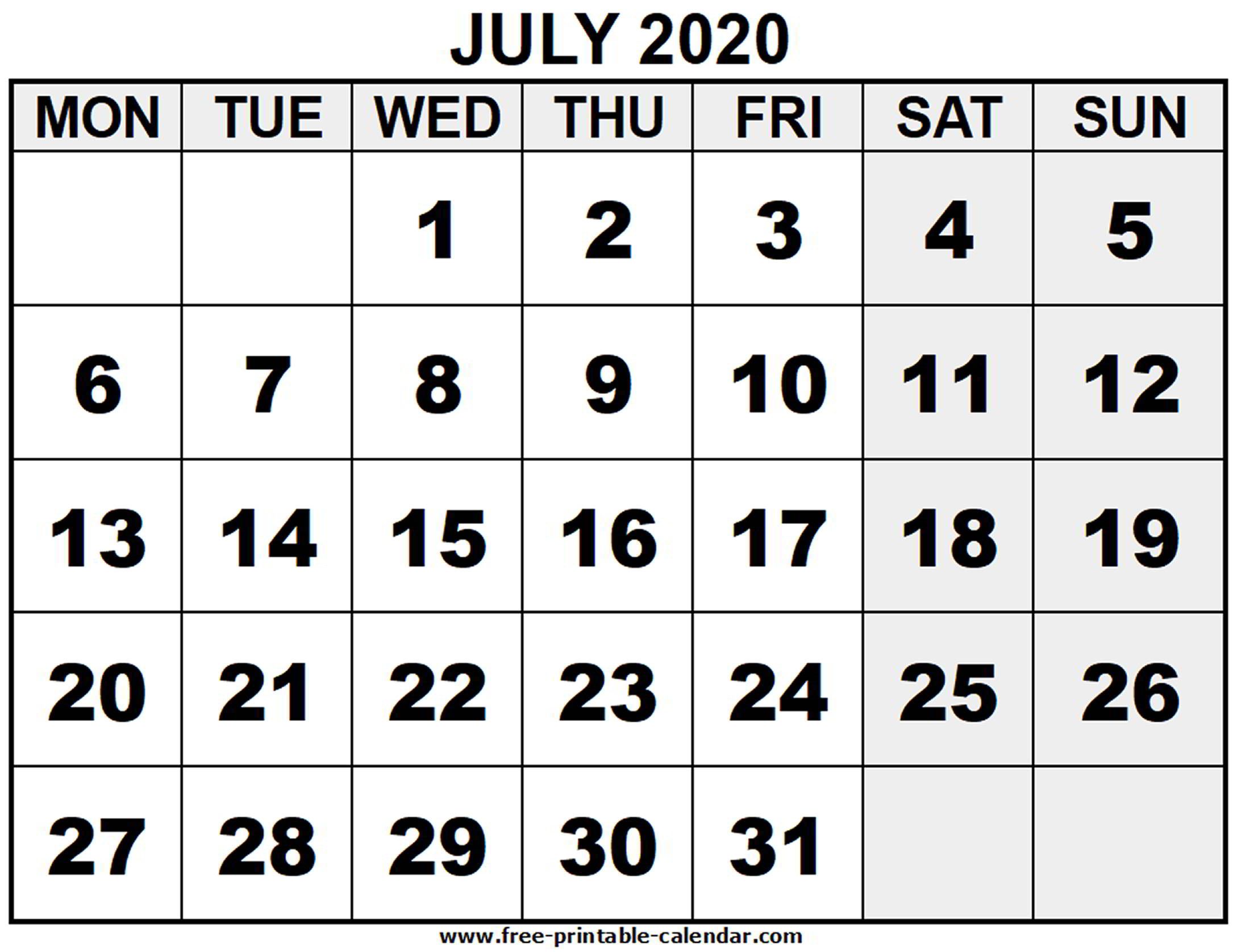 2020 July - Free-Printable-Calendar
