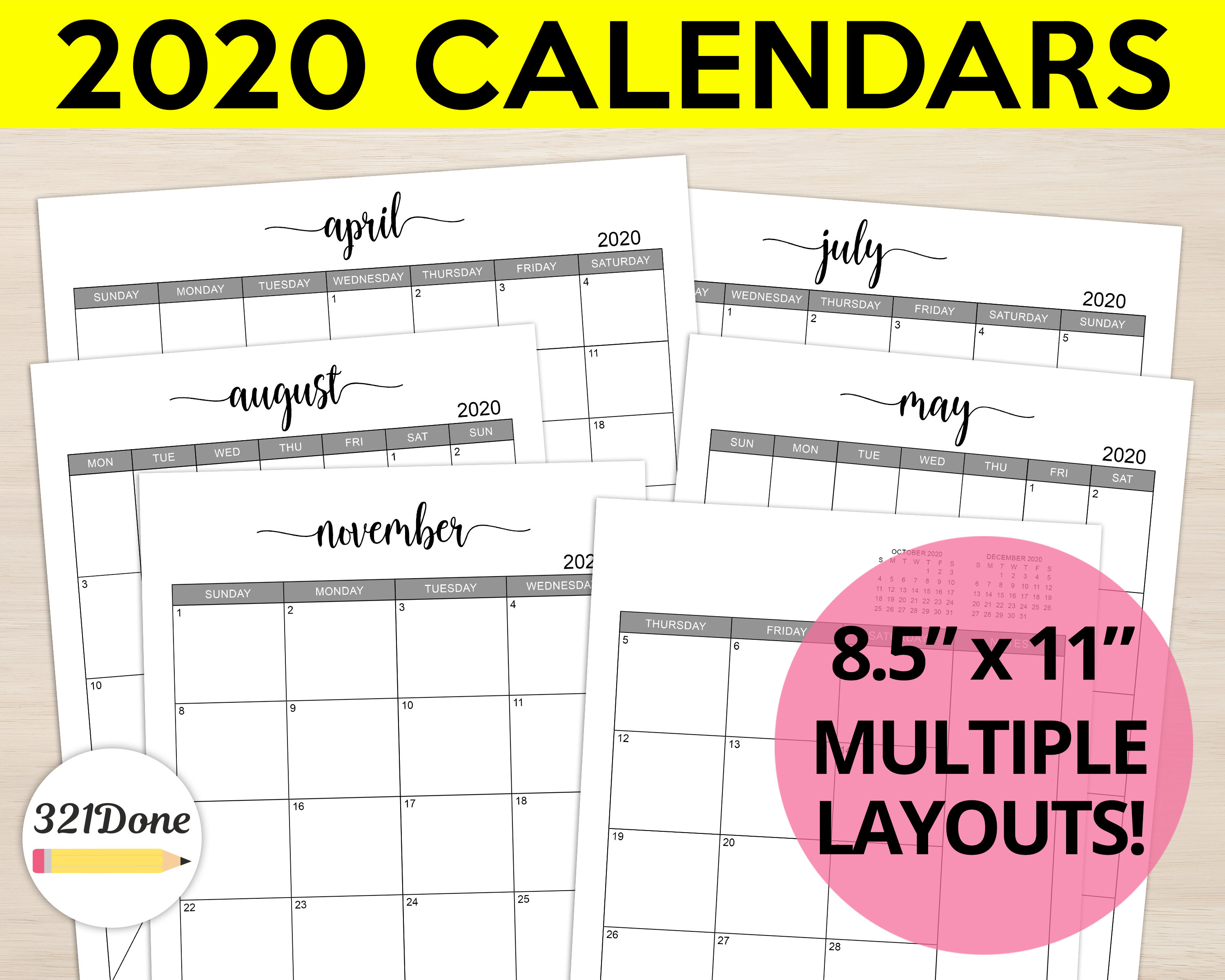 2020 Monthly Calendars Printable Set Planner Refill Blank Month Calendar  Bundle Template Simple Journal Letter 8.5&quot; X 11&quot; Pdf Files