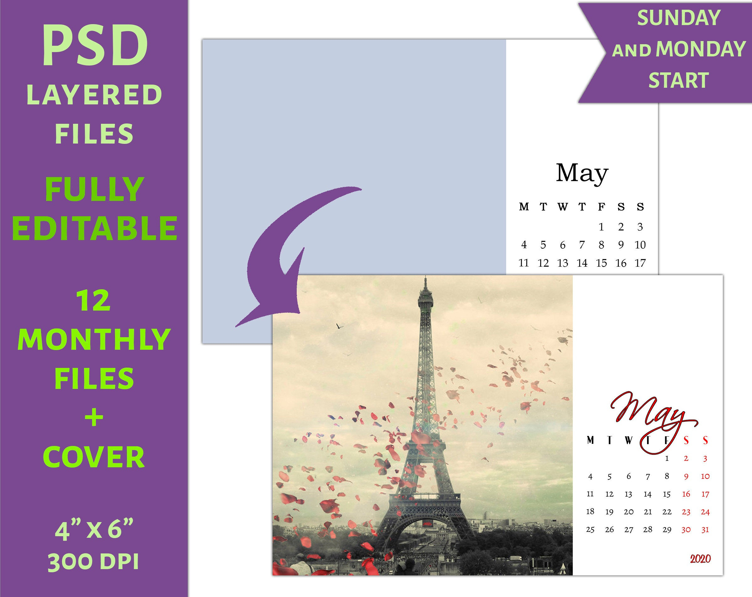 2020 Monthly Psd Calendar Template 4&quot;x6&quot; (C16) - Personal Or Commercial Use