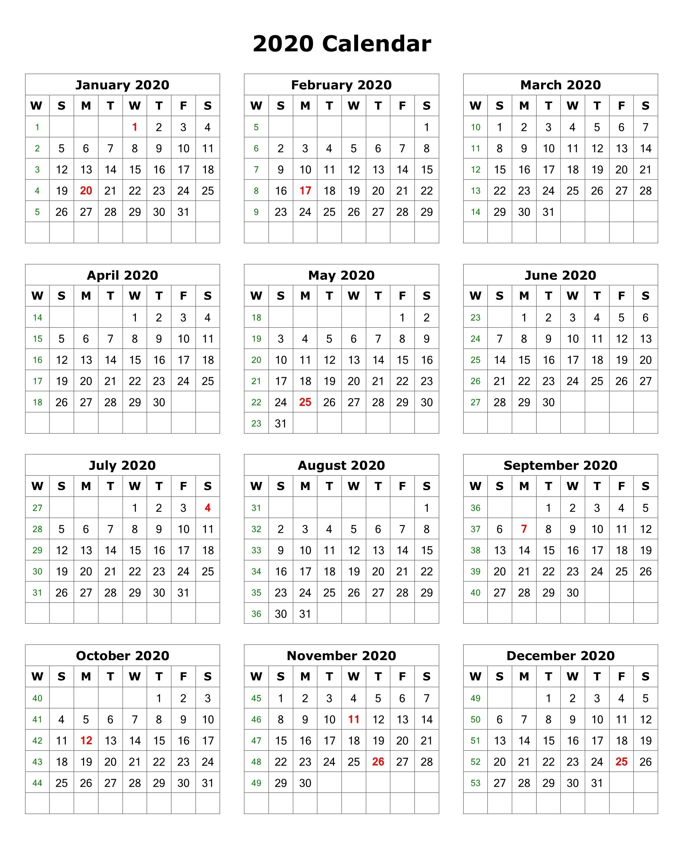 2020 One Page Portrait Calendar | 2020 Calendars | Calendar