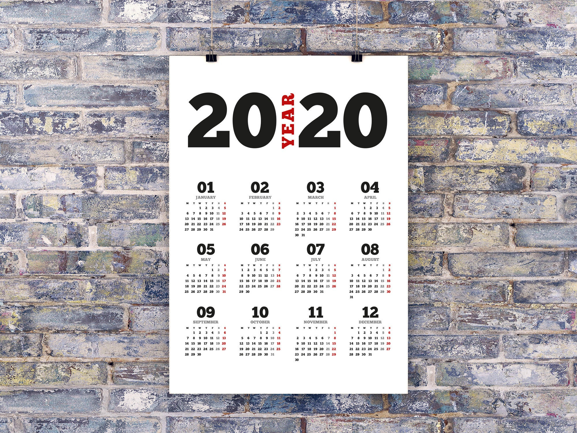 2020 Poster Wall Calendar Template (Kjp-W1). Digital Pdf File