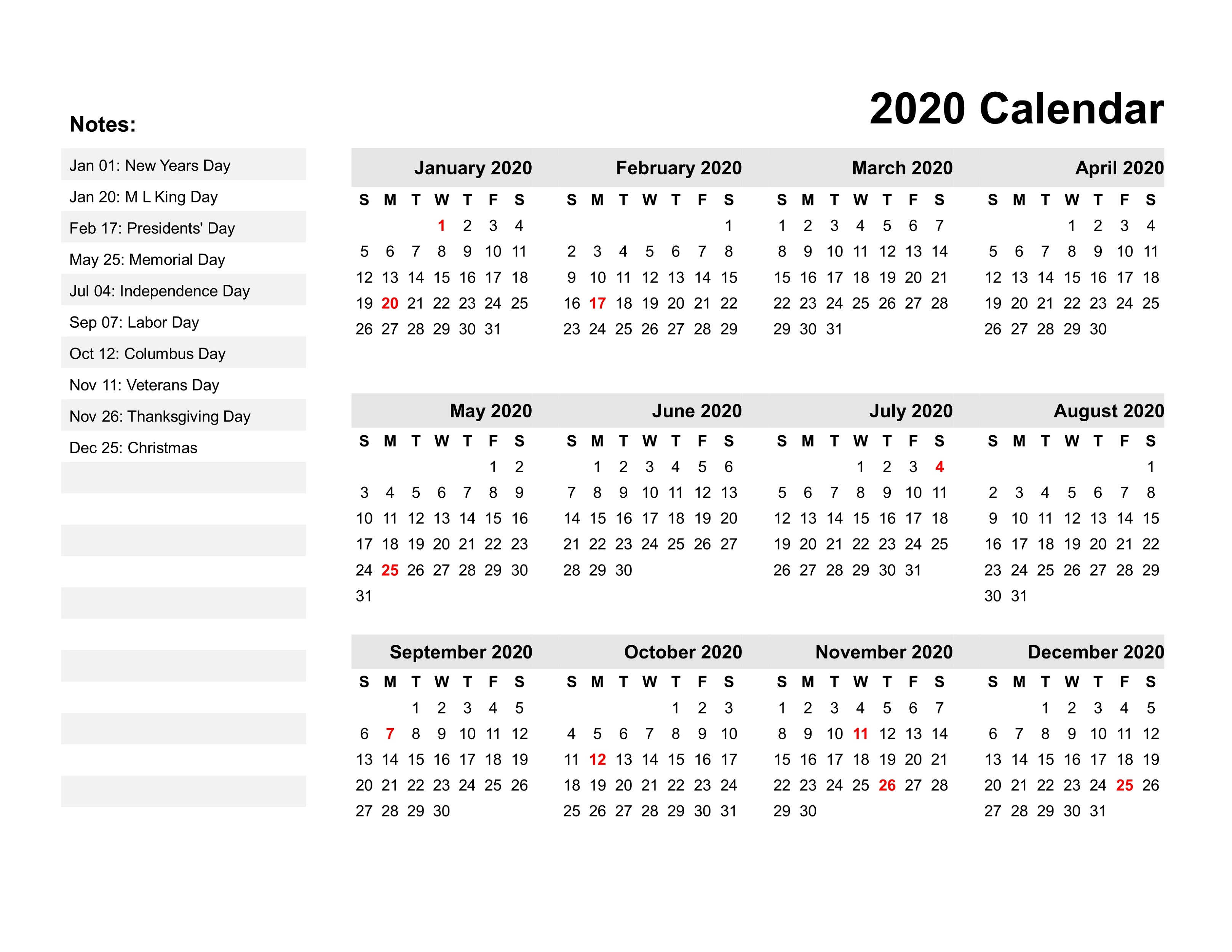 2020 Printable Calendar Pdf For Free | Calendar Shelter