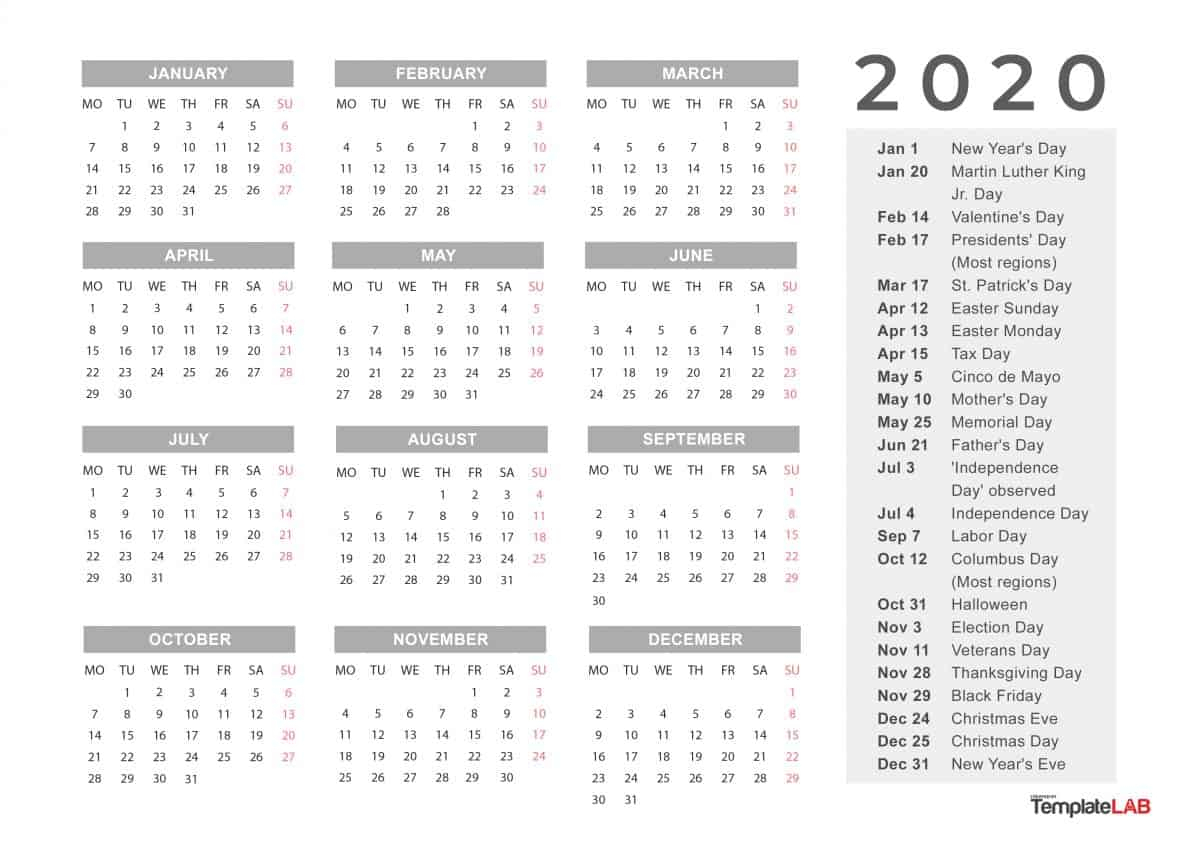 2020 Printable Calendars [Monthly, With Holidays, Yearly] ᐅ