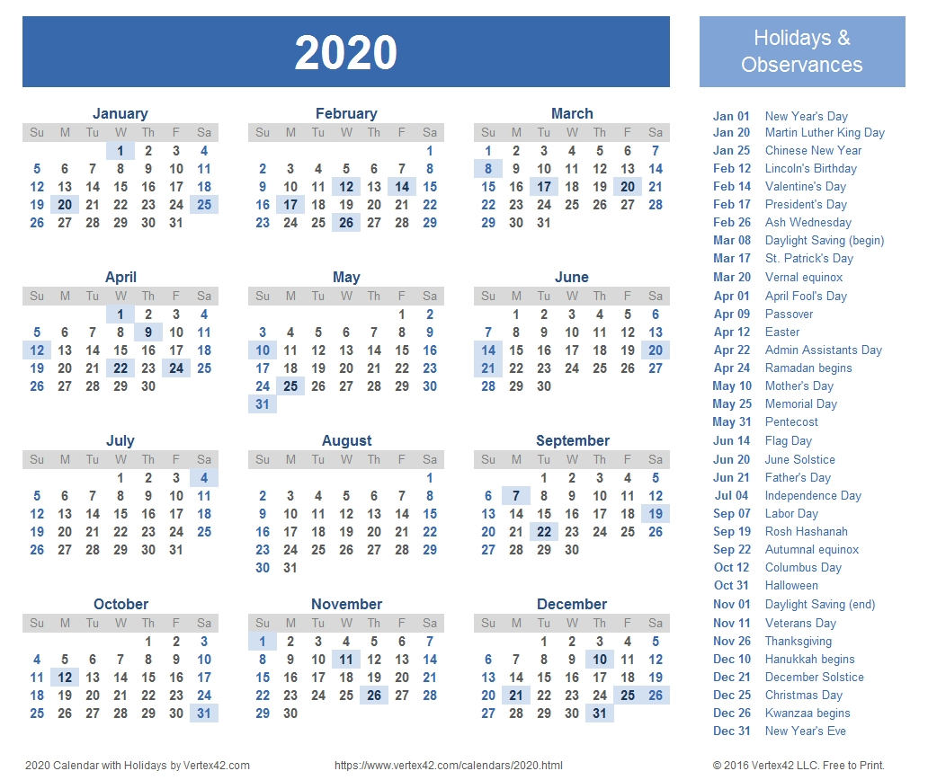 2020 Printable Calendars With Holidays | Isacl