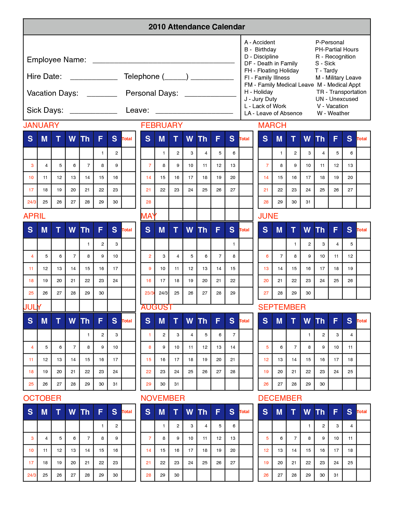 2020 Employee Attendance Calendar Templates