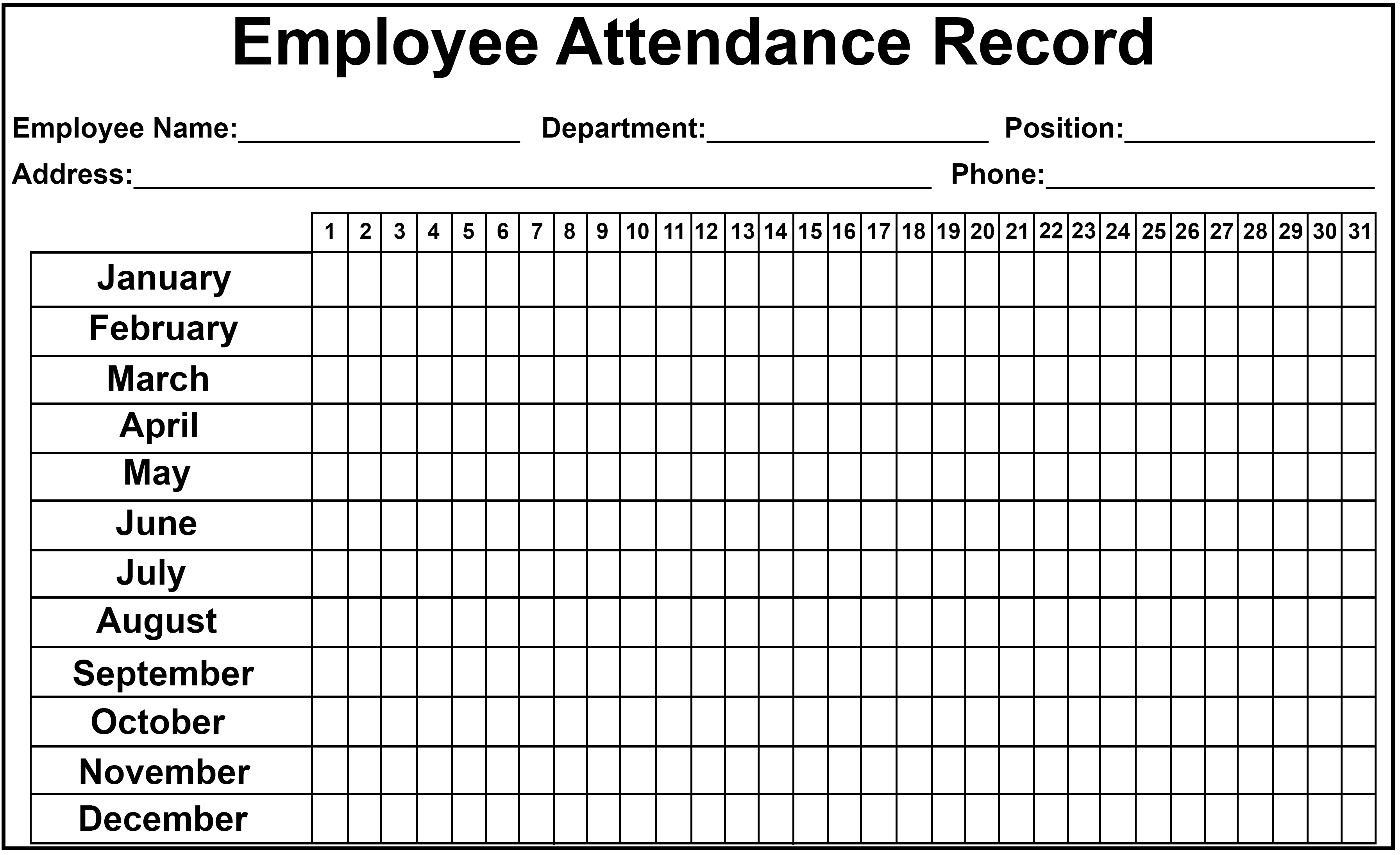 2020 Printable Employee Attendance Calendar Template
