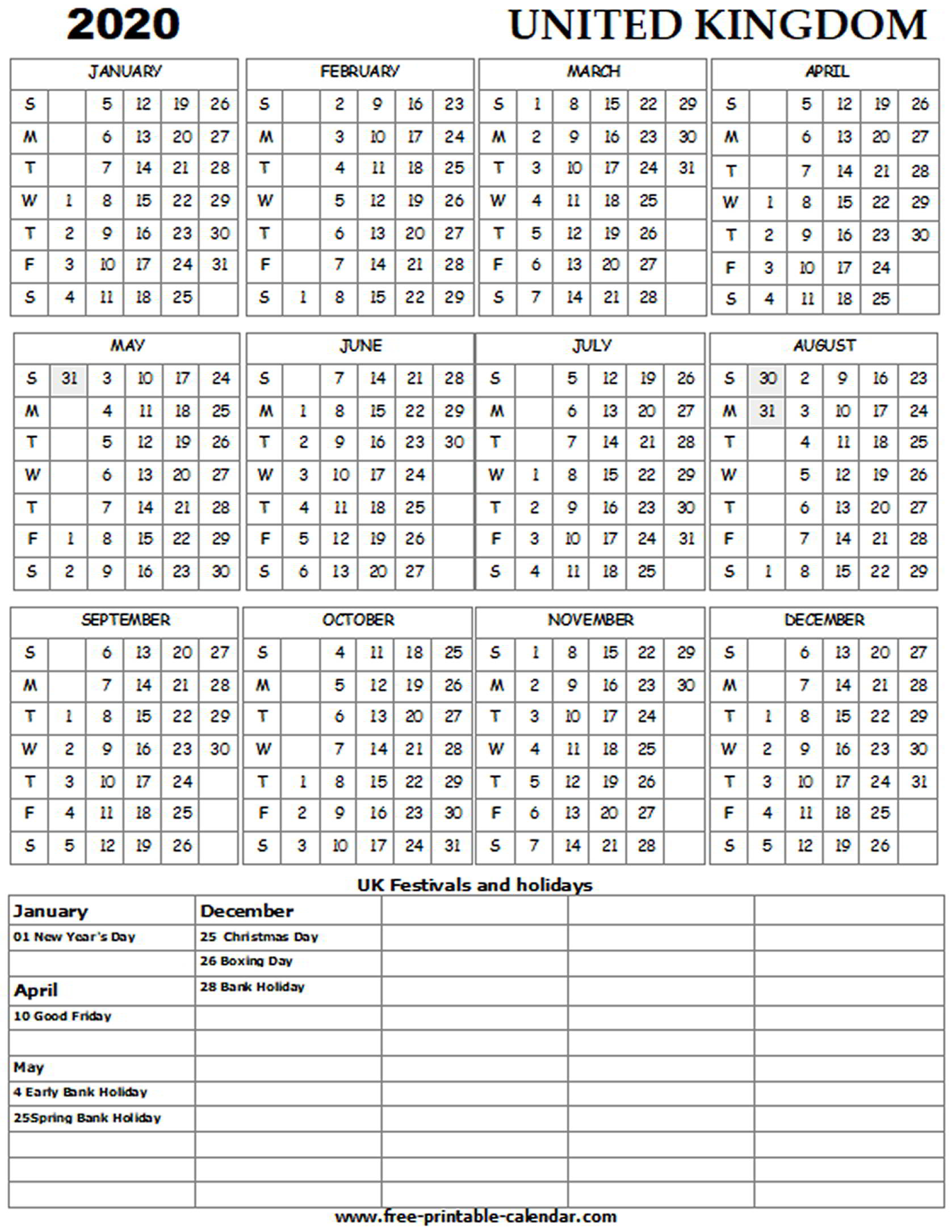 Calendar 2020 Printable With Bank Holidays