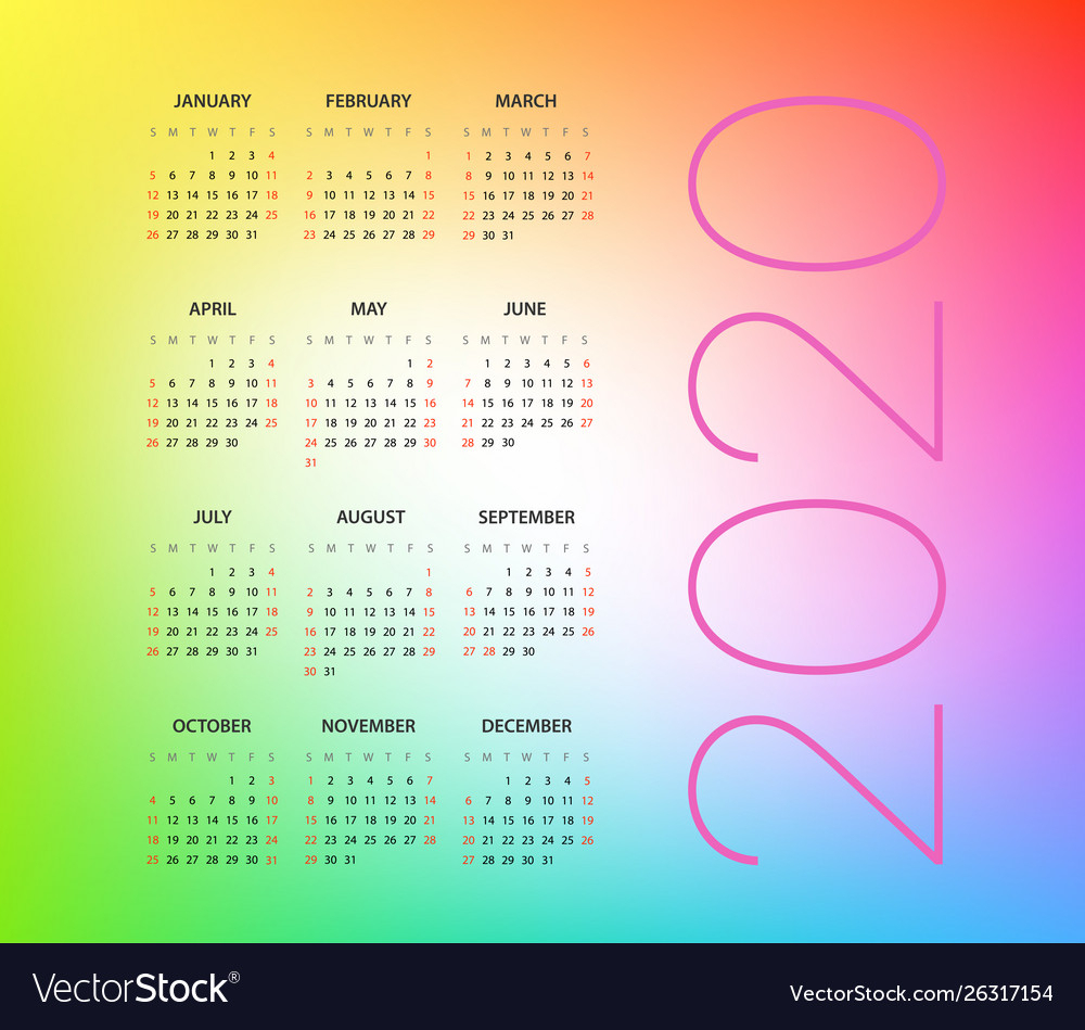 2020 Year Calendar Template Editable Layout