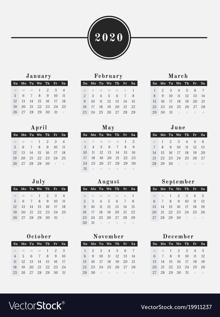 2020 Year Calendar Vertical Design