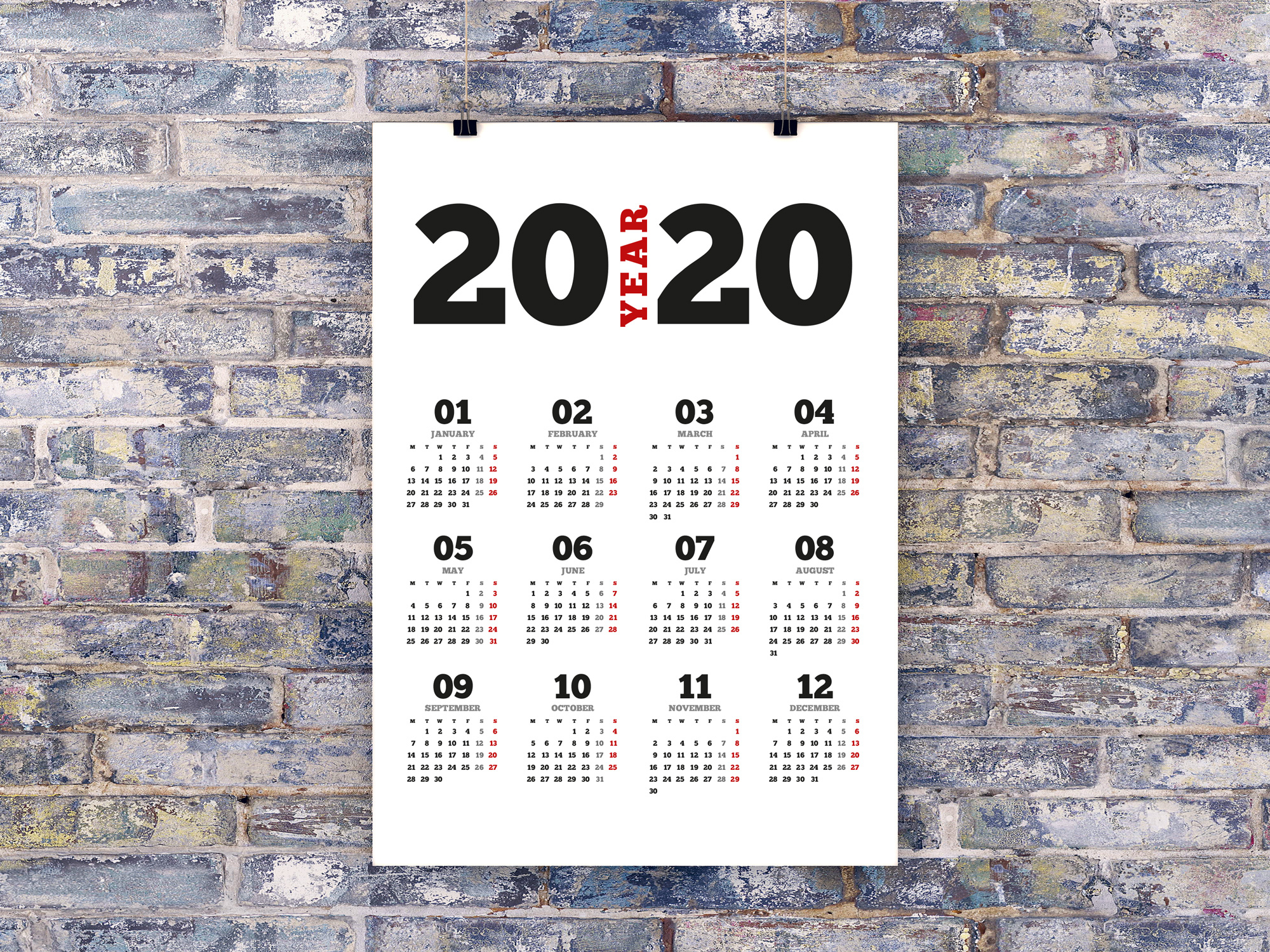 2020 Yearly Wall Planners Calendars. Printable Templates Pdf