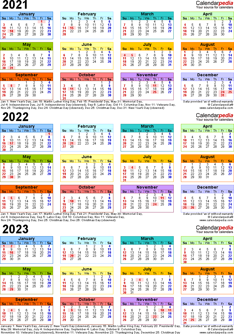 2021/2022/2023 Calendar - 4 Three-Year Printable Word Calendars