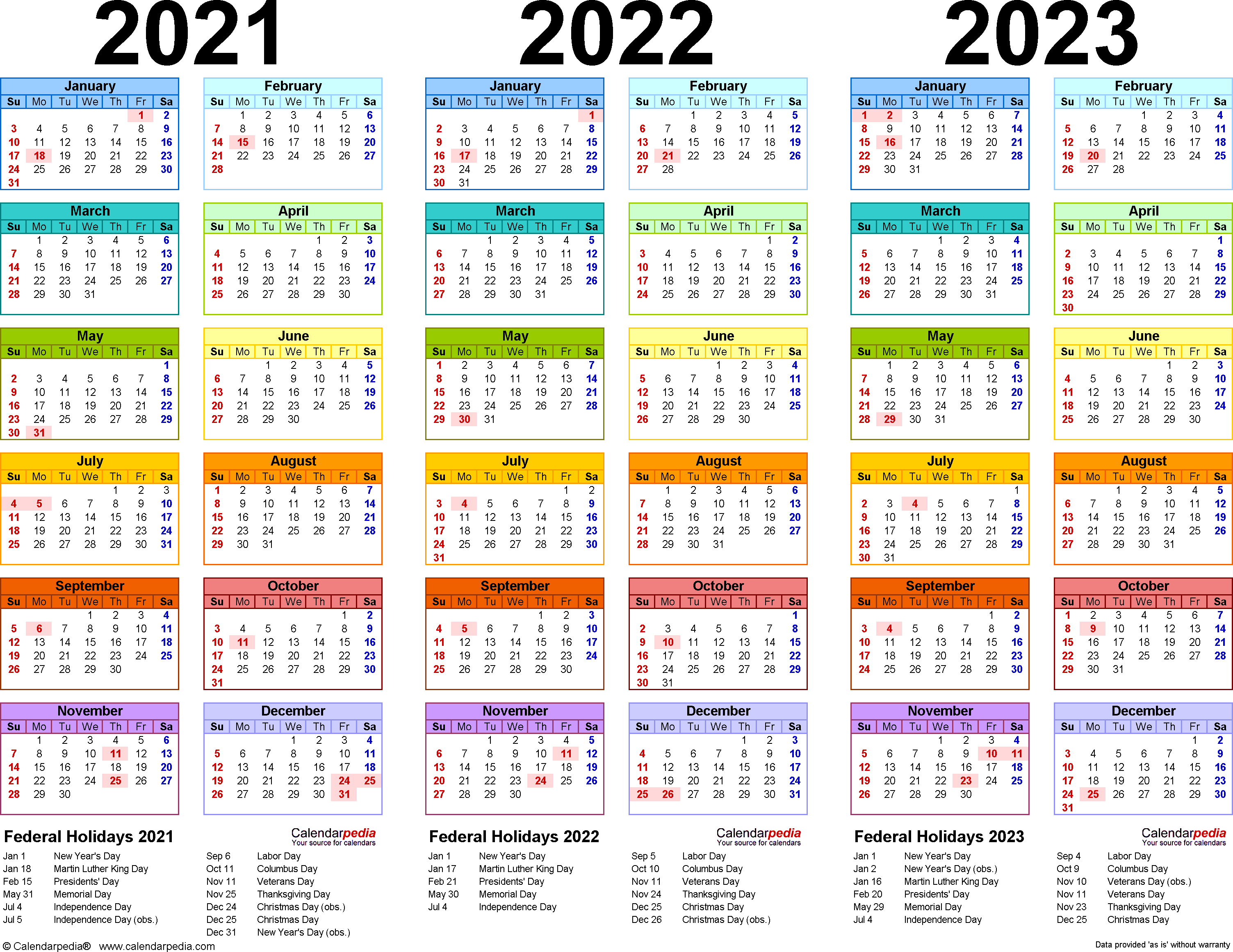 2021/2022/2023 Calendar - 4 Three-Year Printable Word Calendars