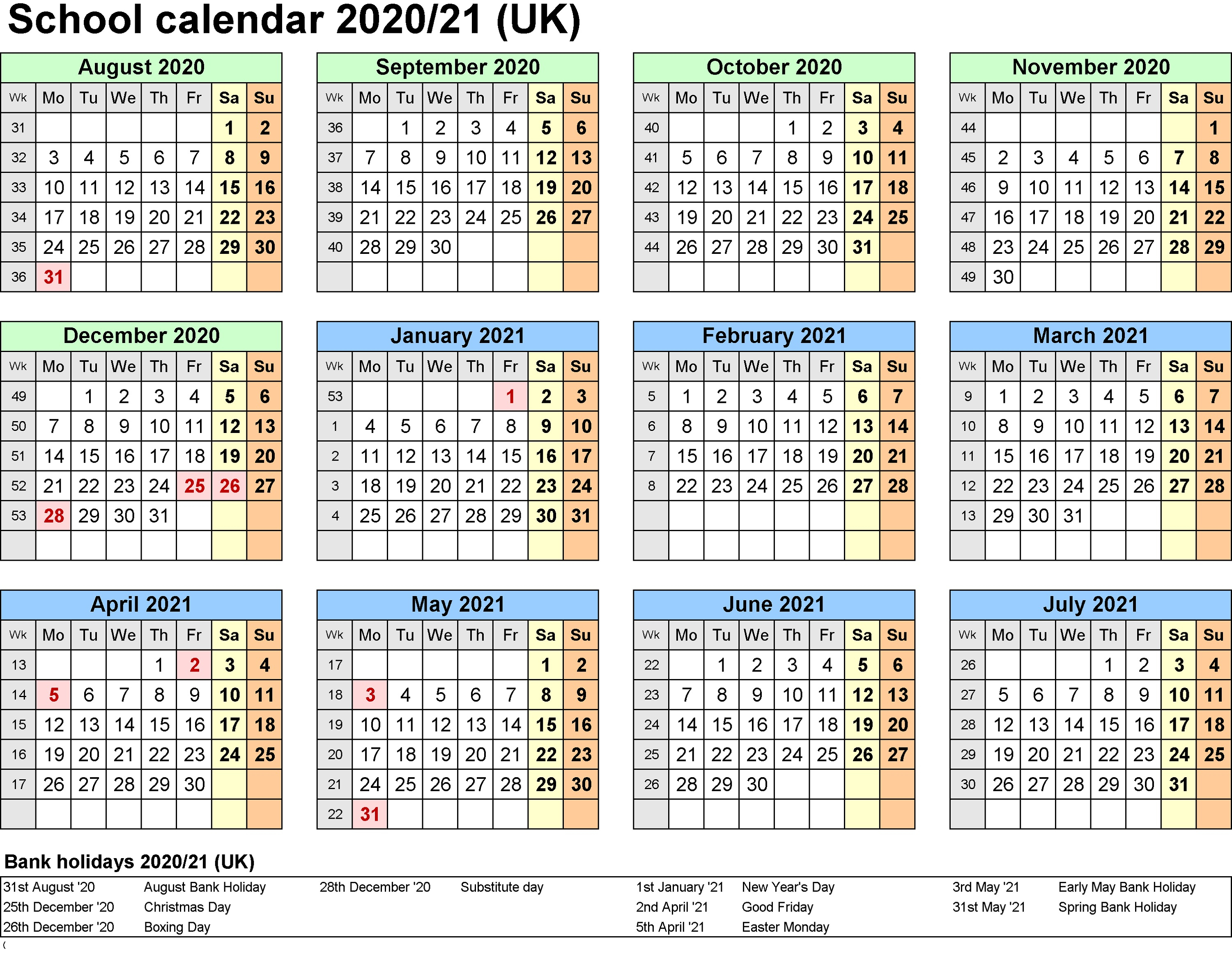 2021 And 2020 School Calendar Printable Free For Class