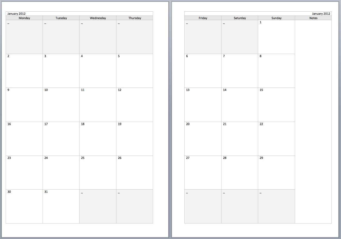 2 Page Calendar Template