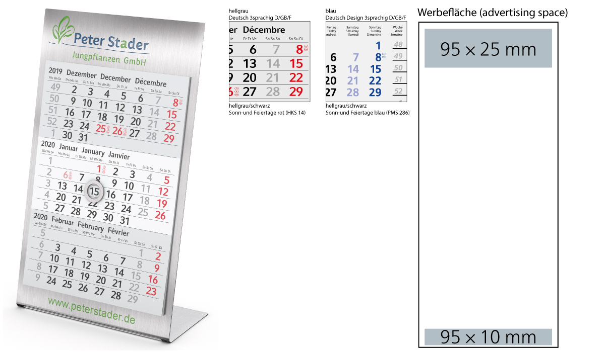 3-Month Calendar 2020 Desktop 3 Steel 1-Year | 3-Month Planner With Logo  Printed | Deprismedia