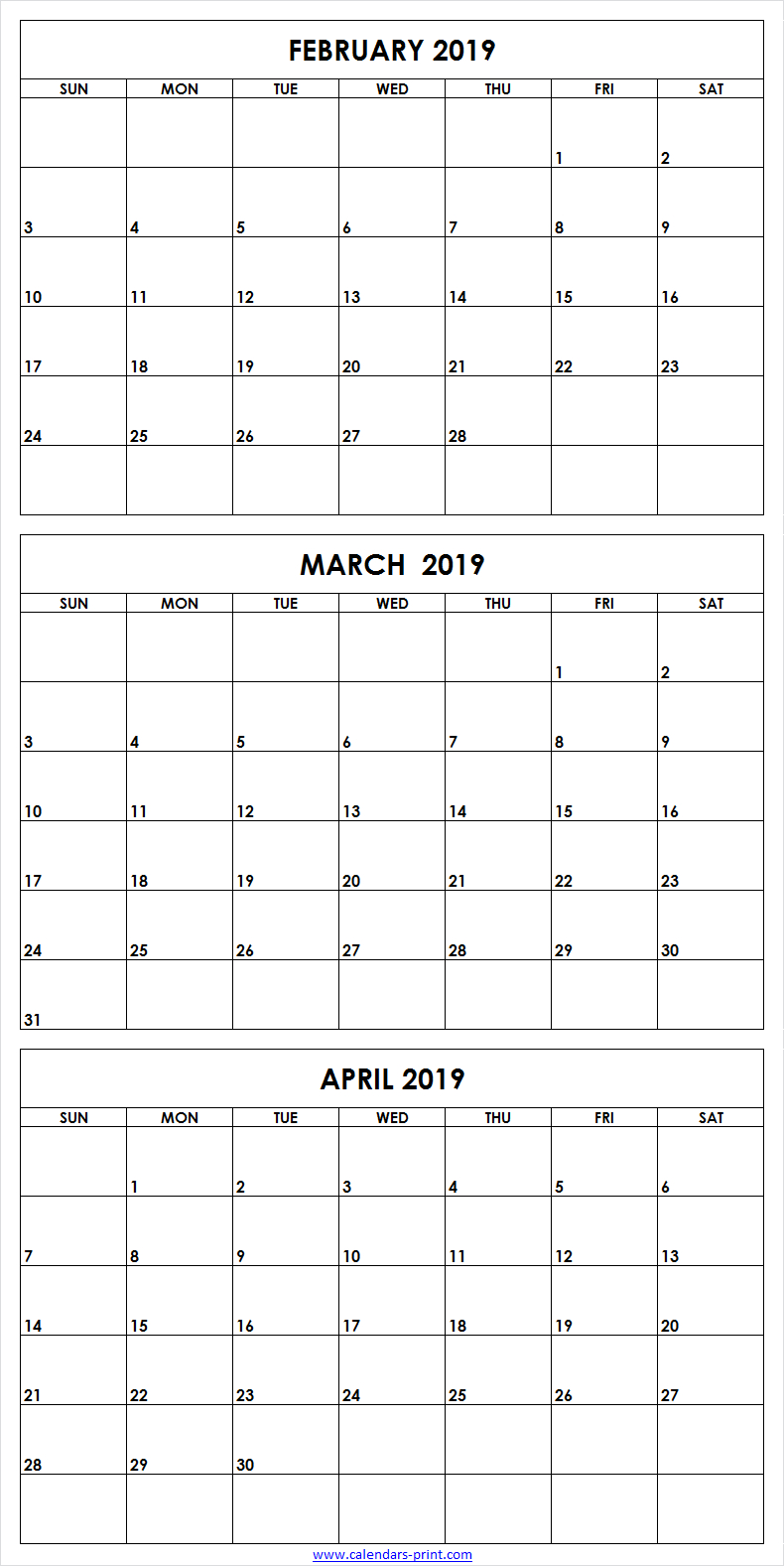 3 Month February To April 2019 Calendar Template | February