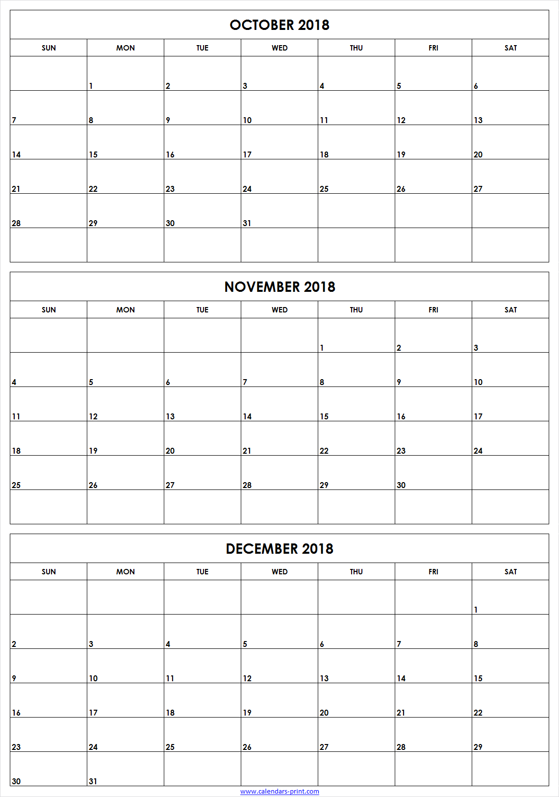 3 Month October To December 2018 Calendar Template Archives