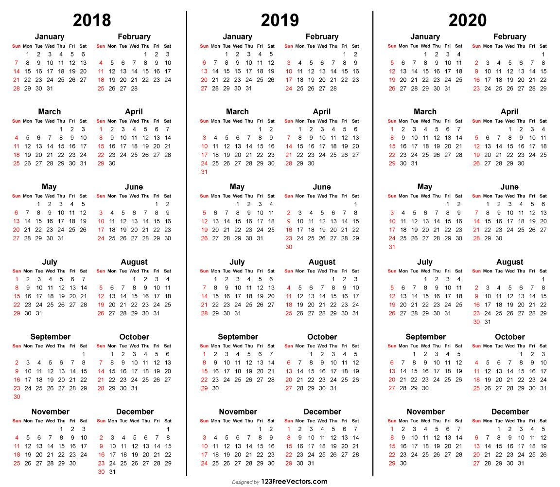 3 Year Calendar 2018 2019 2020 Printable | 2019 Calendar