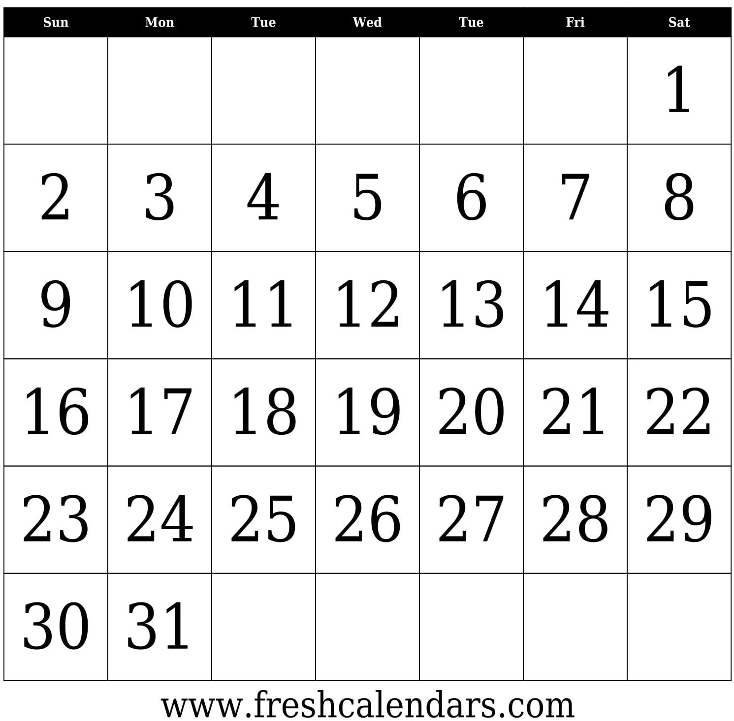 31 Days Blank Calendar Template Bold In To Edit | Thekpark