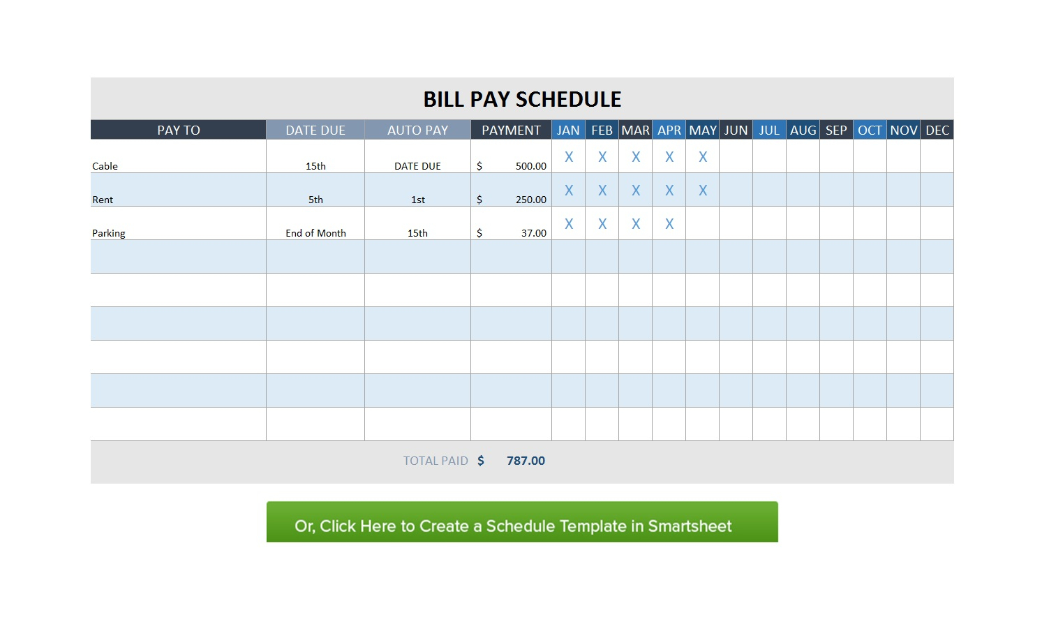 Monthly Bill Payment Calendar Template