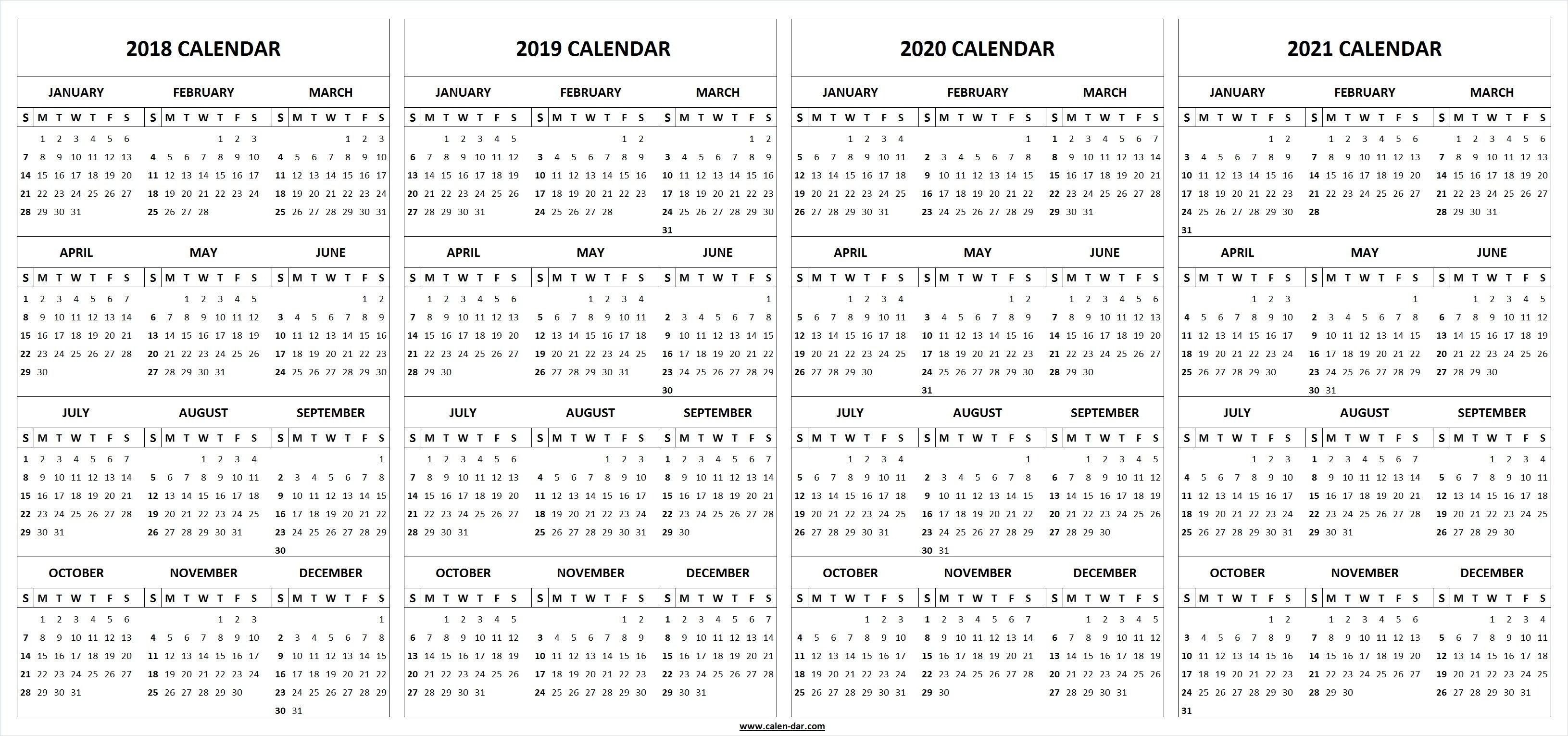 4 Four Year 2018 2019 2020 2021 Calendar Printable Template