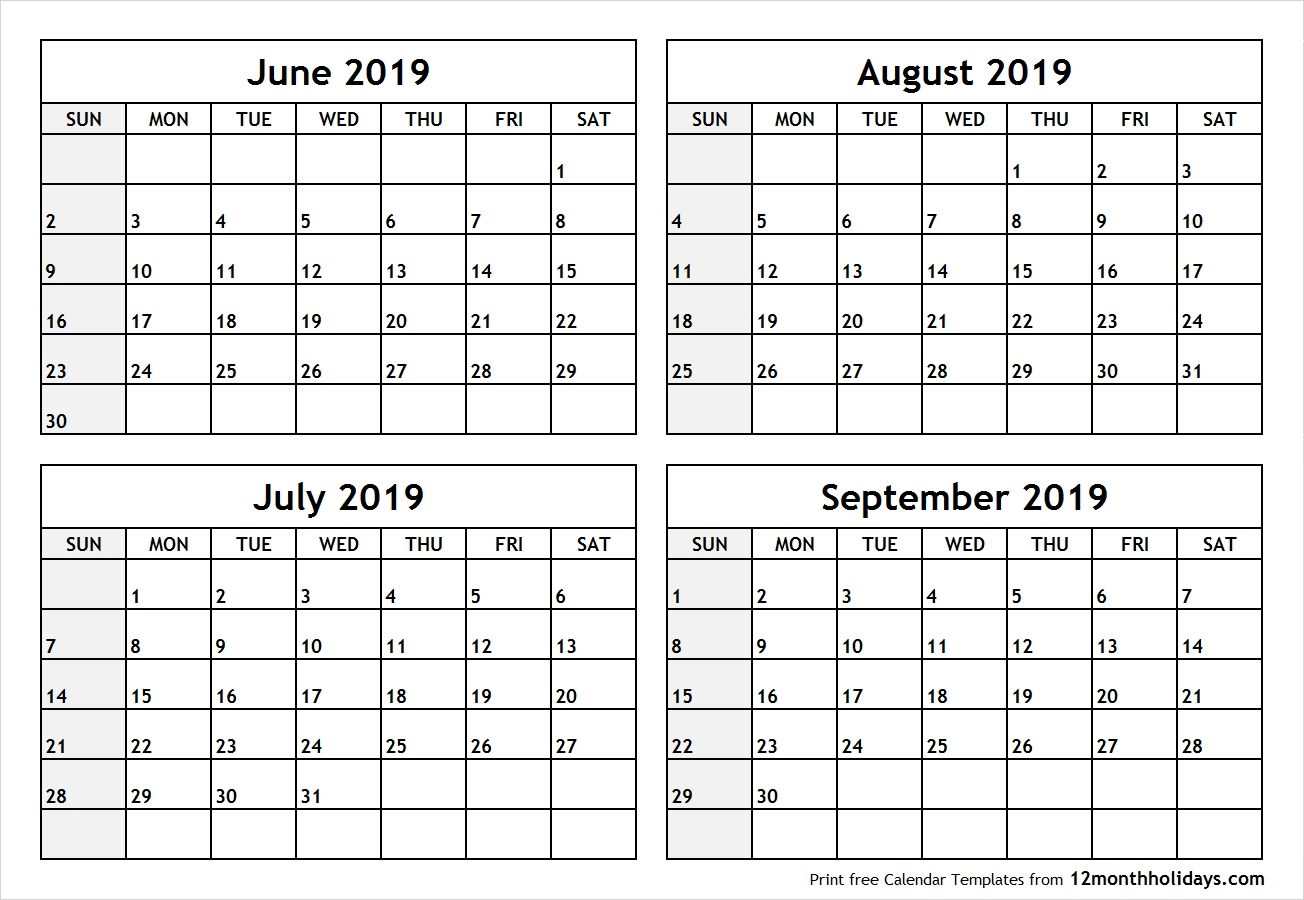 4 Month Calendar 2019 • Printable Blank Calendar Template