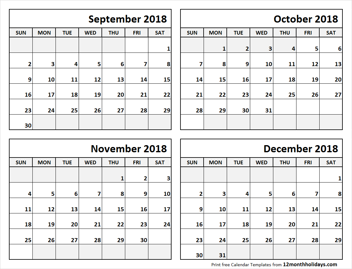 4 Month Calendar September To December 2018 | Calendars