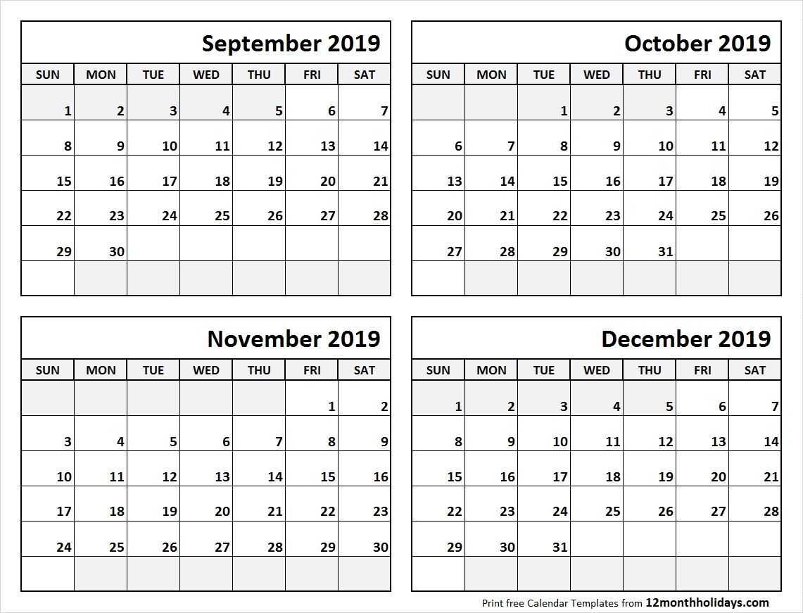 4 Month Calendar September To December 2019 • Printable