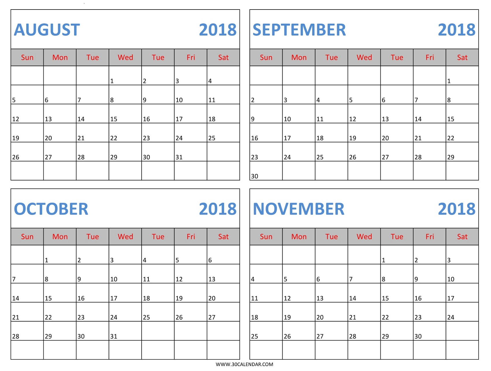 4 Months 2018 Calendar | August September October November