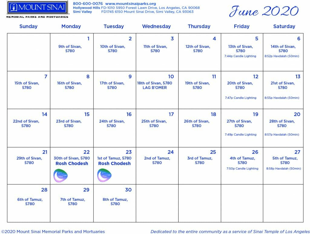 5779 / 5780 Hebrew Calendar - Mount Sinai Memorial Parks And