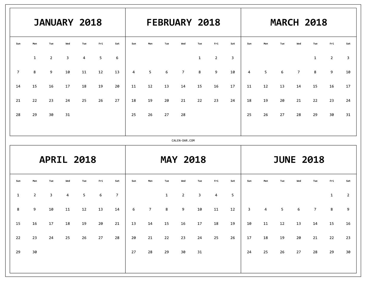 6 Month 2018 Calendar Printable | 2018 Calendars | Calendar