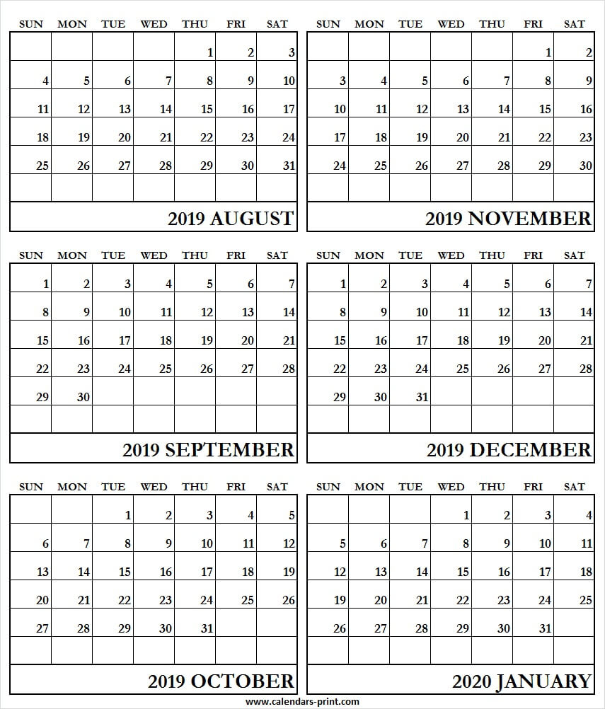 6 Month Calendar August 2019 To January 2020 | Print Free