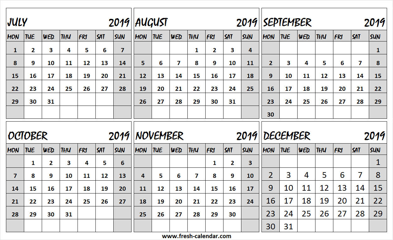 6 Month Calendar July To December 2019 Free | Editable 2019