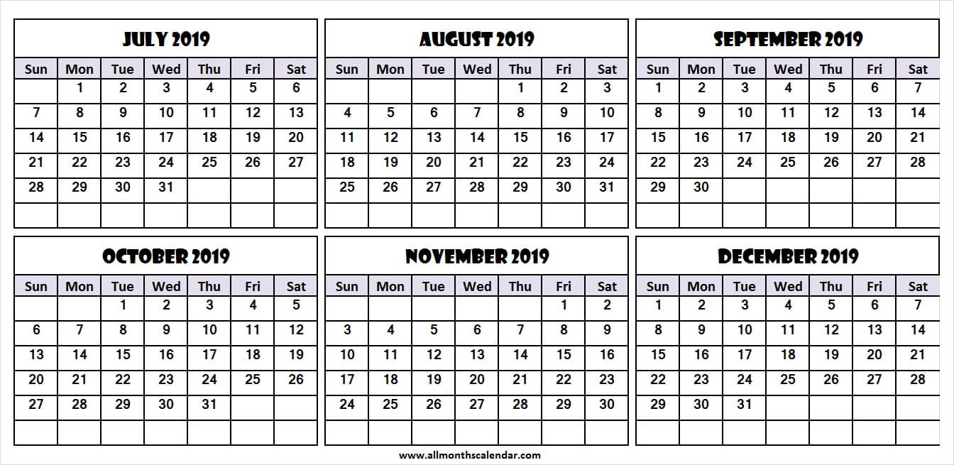 6 Month Calendar July To December 2019 Template | Download