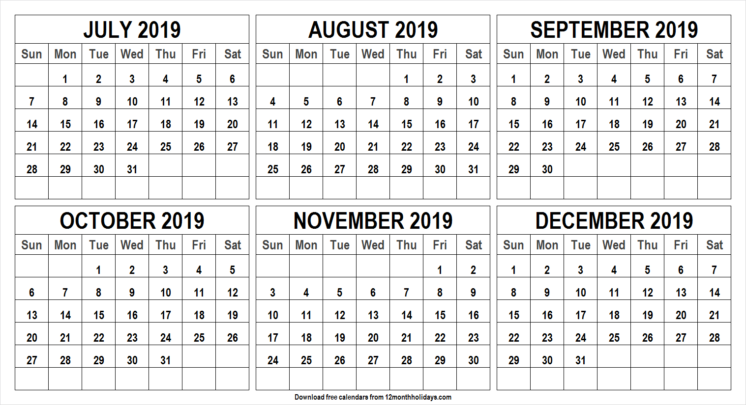 6 Month Calendar July To December 2019 Template | Monthly