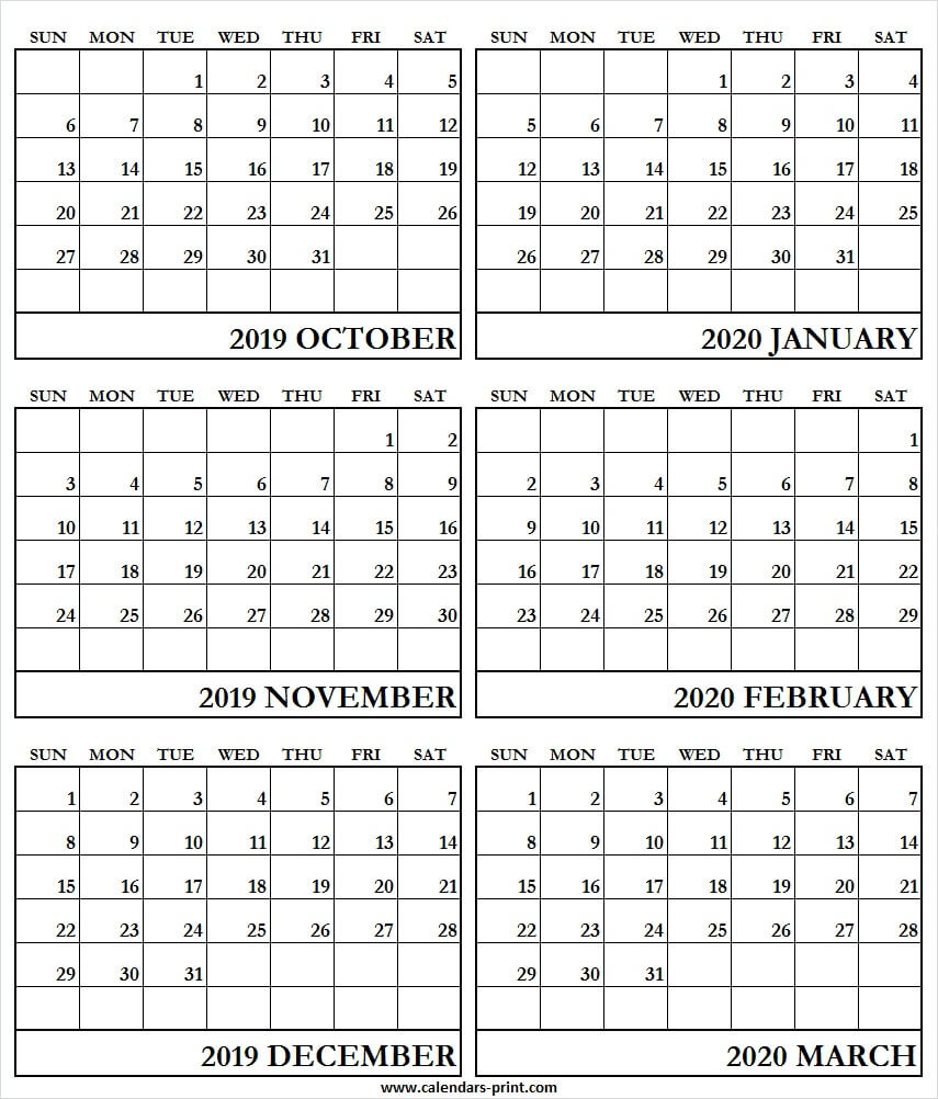 6 Month Calendar October 2019 To March 2020 | Blank Calendar