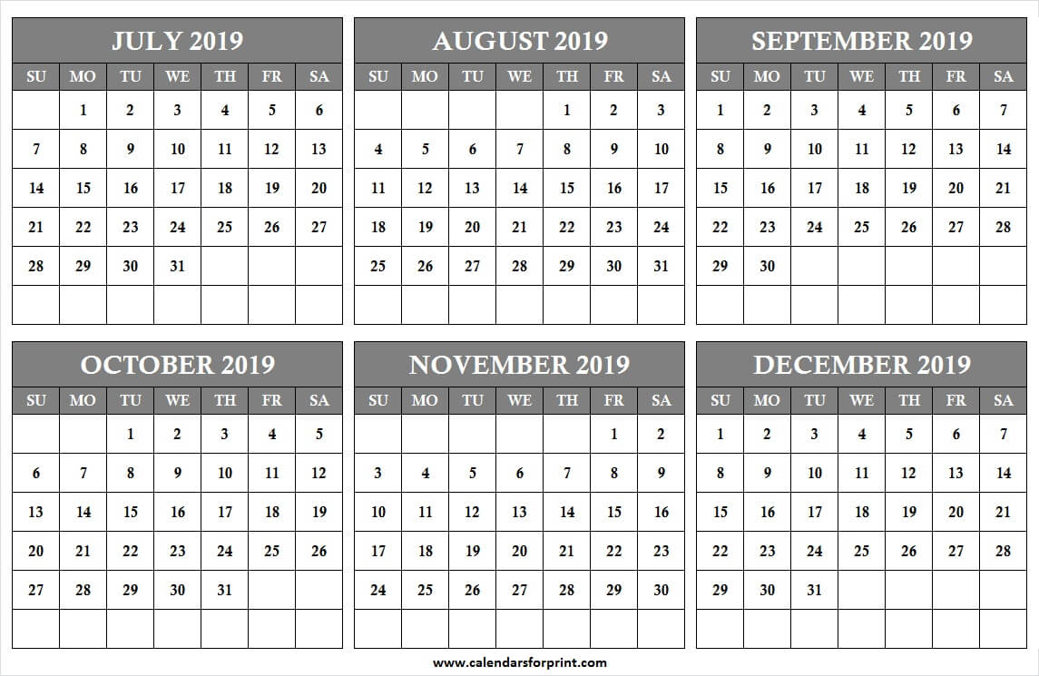 6 Month July December 2019 Calendar | Calendar 2019 Doc